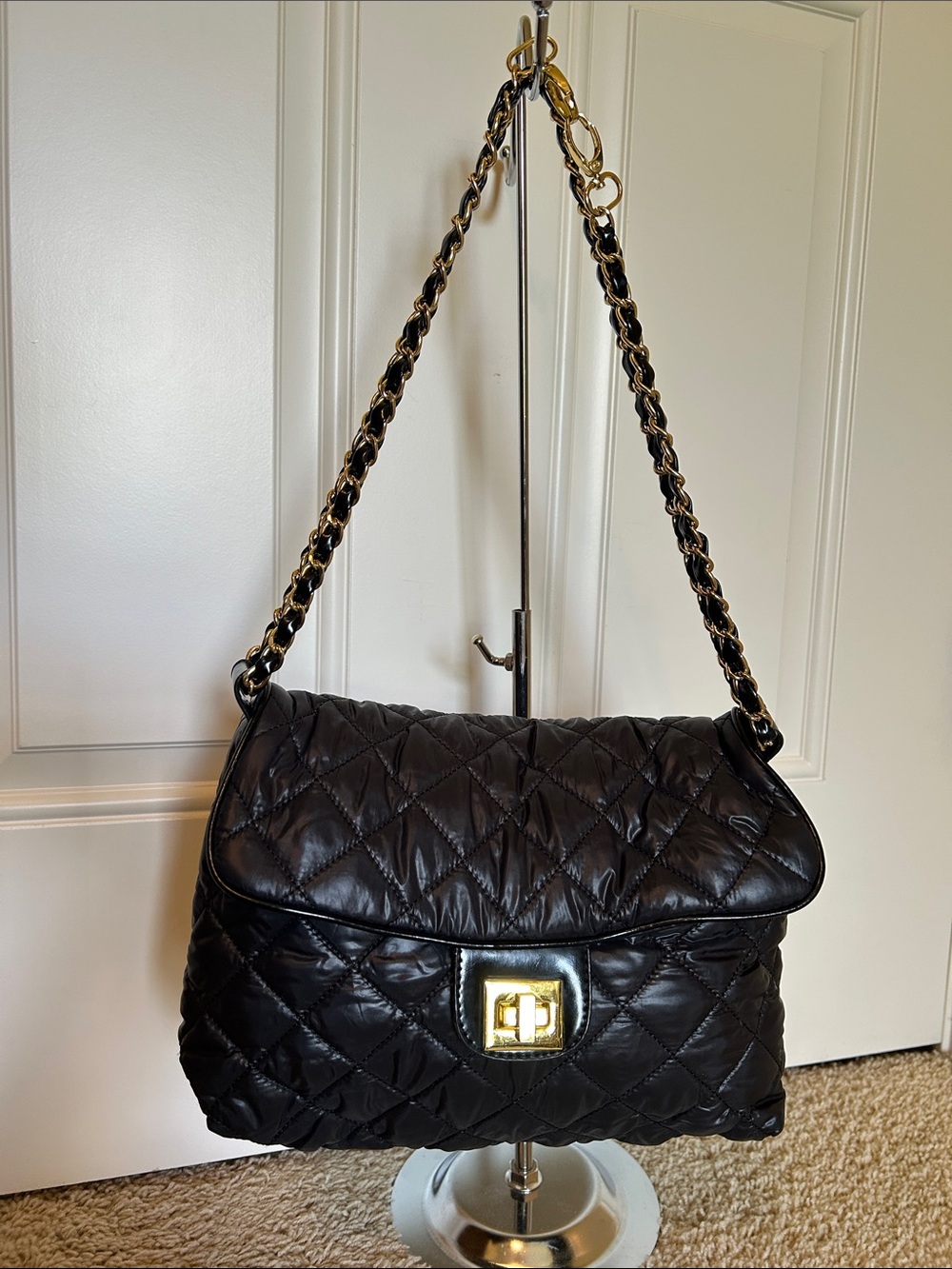 Nila Anthony Black Quilted Nylon Chain Shoulder Bag NEW